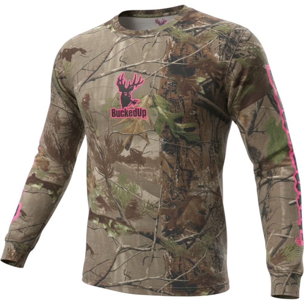 BuckedUp Realtree Camo Long Sleeve T-Shirt Pink Logo Womens 3XL Hunting‎ Top